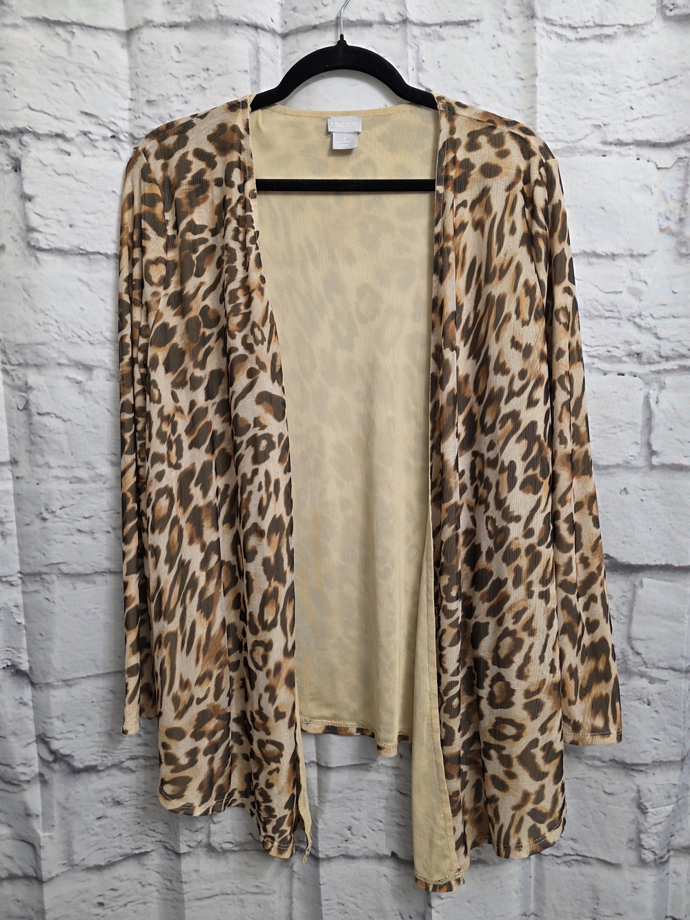 Chico's Leopard Print Mesh Open-Front Cardigan - Beige Brown Size Large